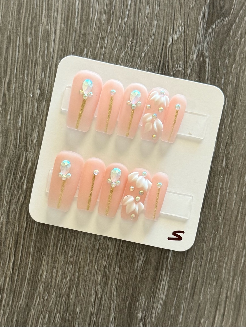 Peach Pink Rhinestone & 3D Floral Press-On Nail Set